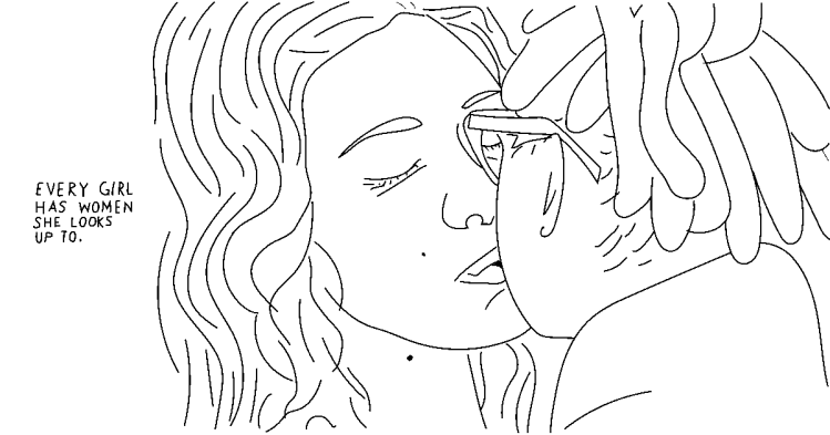 An illustration depicts two women kissing. Text beside the illustration states, every girl has women she looks up to.